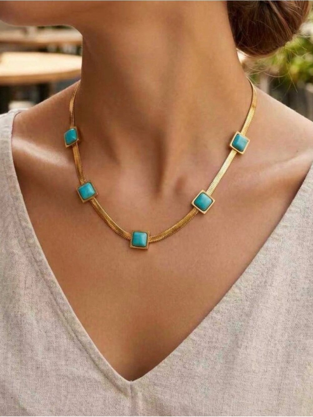 Gold Chain Necklace with Turquoise Square Stones - Women Jewelry